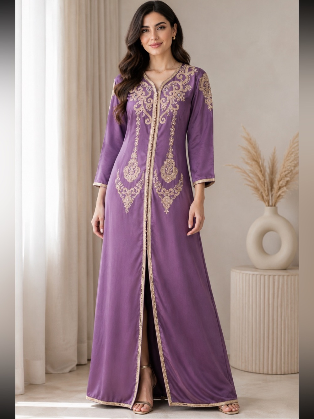 MOROCCAN Kaftan Jeweled Embroidered Mauve Pink Midi Dress S